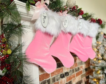 Bubblegum Pink Velvet Christmas Stocking, Faux Fur Christmas Stocking, Personalized Christmas Stocking, Sparkle Initial Christmas Stocking