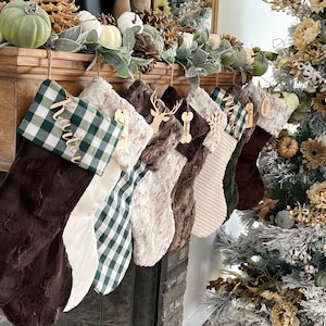 Green Buffalo check stocking, Plaid Christmas stocking, Personalized Christmas stocking,Personalized Wood tag, Farmhouse Christmas stocking