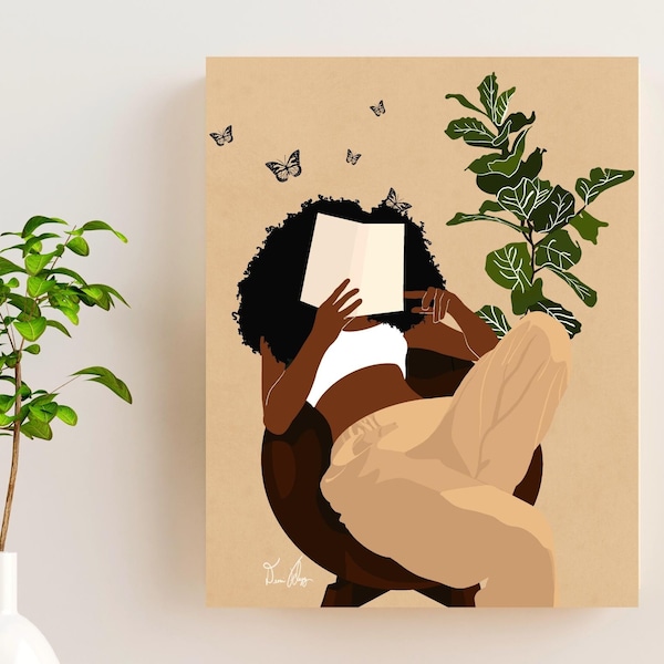 Art amateur de livres, téléchargement numérique, art de lecture de fille noire, illustration féminine, art de lecture de femmes noires, art de bibliothèque, art de papillon, plantes