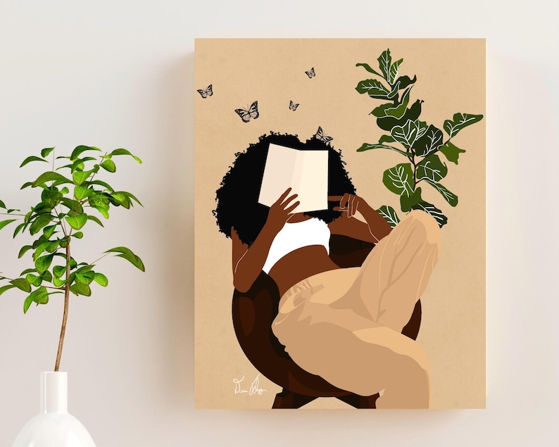 May include: A digital illustration of a Black woman relaxing in a chair, reading a book. She is wearing a white tank top and beige pants. The background is a light brown color with green leaves and black butterflies.