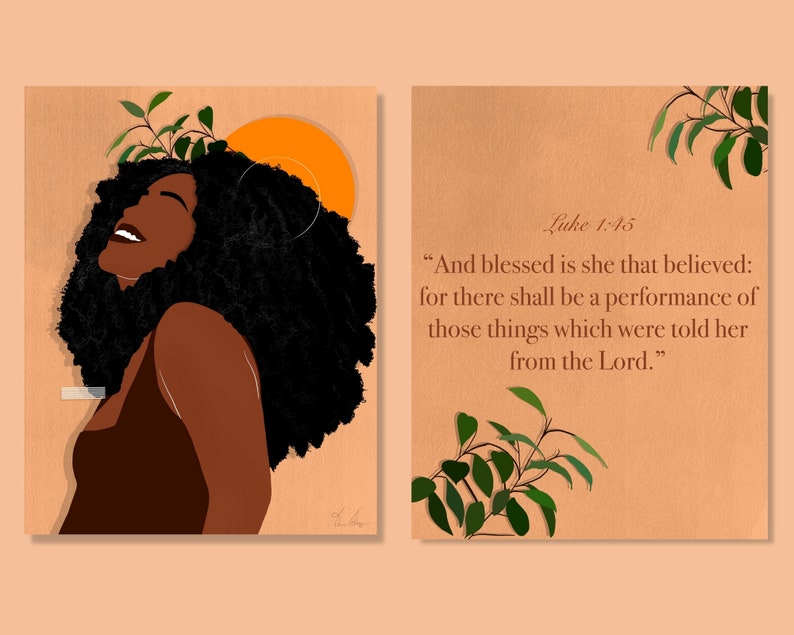 Black women art set of 2, christian black art set, Digital Print, boho art, bible verse art,boho black art,women art set of 2, black artist image 2