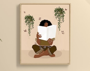 Arte amante de los libros/ DESCARGA INSTANTE, mujer negra leyendo arte, arte de biblioteca, ilustración femenina, arte de mariposas, plantas, chica negra leyendo arte