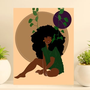 May include: Illustration of a Black person with large, dark hair, wearing a green dress, sitting with legs crossed. The background features a large brown circle, a purple circle, and green vines. The artwork is on a peach-colored background.
