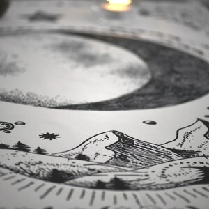 May include: A black and white illustration of a crescent moon, mountains, and stars on a white background.