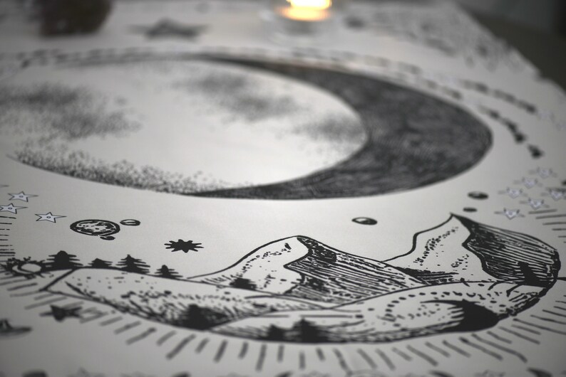 May include: A black and white illustration of a crescent moon, mountains, and stars on a white background.