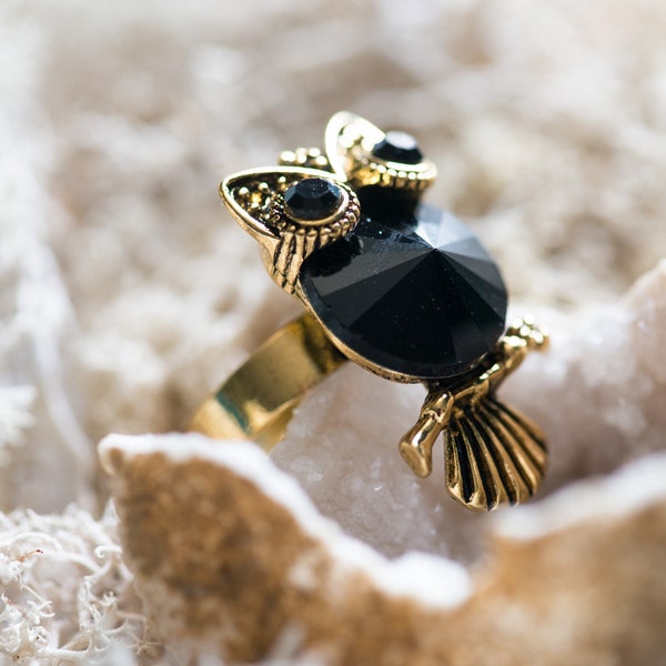 Bijou chouette,bague chouette,bague strass noir,totem chouette