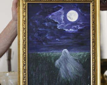 Silhouette sous la lune – peinture originale à l’huile, tableau nocturne mystique, art poétique et étrange, décoration curiosités