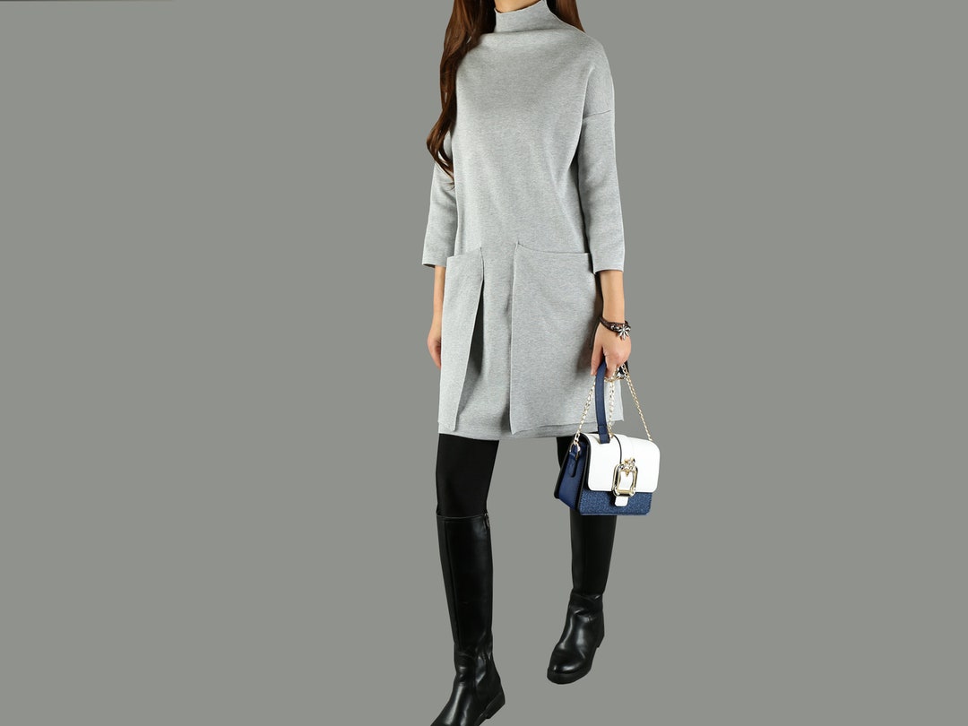 Women's Knit Tunic Dress/3/4 Sleeves Dress/plus Size Knit Top/high Neck Tunic Dress/gray Tunic