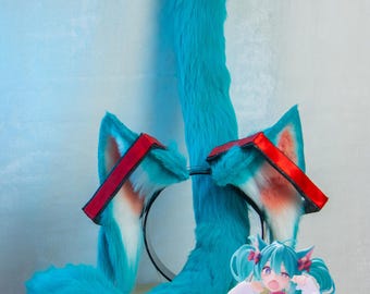 Hatsune Miku Katzenohren und Schwanz Cosplay Set | Handgefertigtes Kunstfell