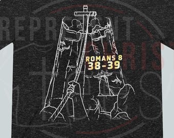 Camiseta con diseño cristiano de Romanos 8:38-39, Representa a Cristo.