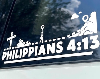 Filipenses 4:13. Calcomanía ilustrada con versículo bíblico. Fe cristiana. Para auto, taza, madera, ventana, computadora portátil. Adhesivo de vinilo. Todo en Cristo.