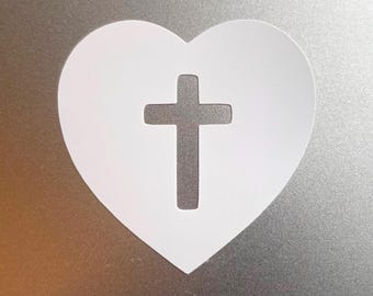 Calcomanía de vinilo con forma de corazón cruzado: calcomanía cristiana para auto, taza o portátil, con el amor de Dios y un crucifijo.