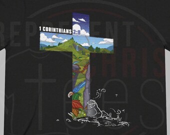 1 Corintios 2:9, nubes, montañas, ropa cristiana, ningún ojo ha visto, Dios, Espíritu Santo, Jesús, crucifijo, representa a Cristo, camiseta unisex