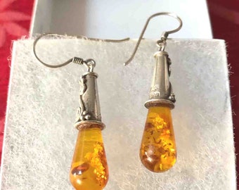 Vintage Sterling Silver Dangle Amber Pierced Earrings