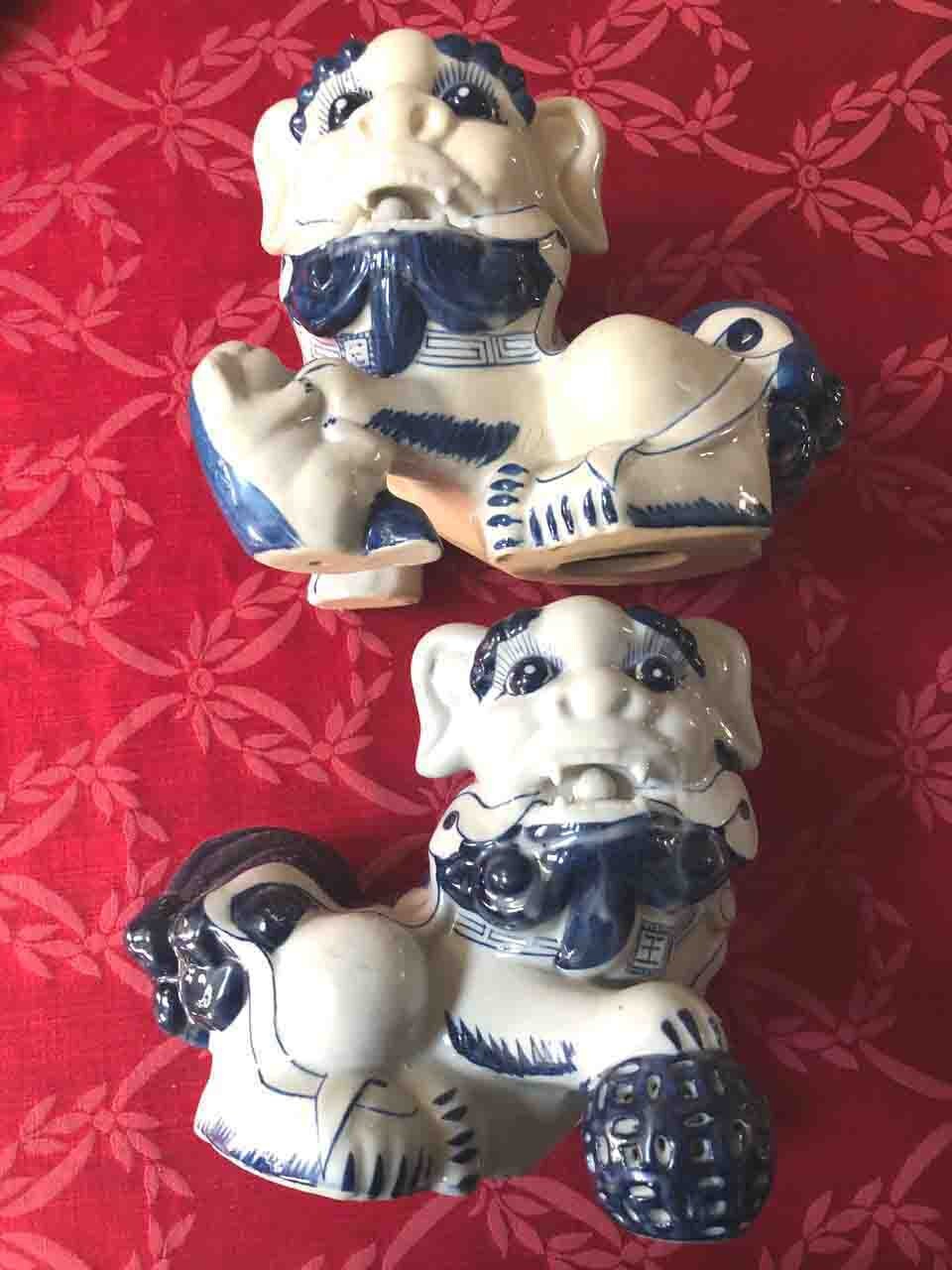 Vintage Large White and Blue Porcelain Chinese Fu Dogs