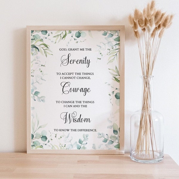 Printable Serenity Prayer Wall Art, Digital Download, Eucalyptus Serenity Prayer Print, Botanical Greenery Quote, Modern Farmhouse Decor