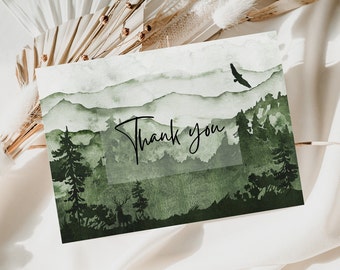 Thank You Card for Friend Printable, Forest Card, Mountain Card, Watercolor Green Card, 5x7 Card, Nature, Wild, Digital Download