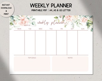 Weekly Planner Printable, Digital Download, Brown Beige Floral Weekly Schedule, A4, A5, US Letter, Office Desk Planner, Minimalist Weekly