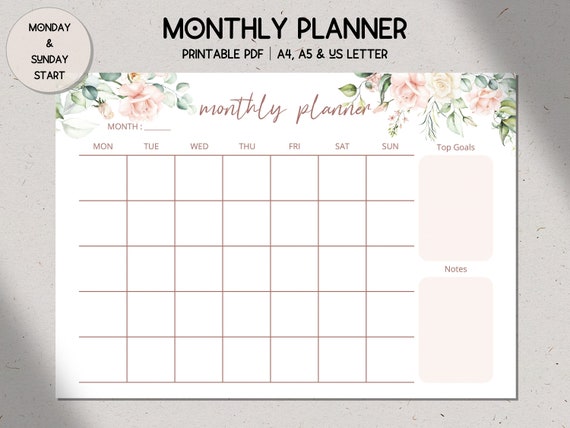 monthly-planner-printable-landscape-monthly-planner-floral-monthly-calendar-undated-monthly-planner-2-designs-a4-a5-us-letter-size-etsy