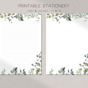 Leaves Stationery Printable, Digital Download, Botanical Eucalyptus Border Letter Writing Paper, A4 & A5, Lined Unlined Note, Memo Sheet