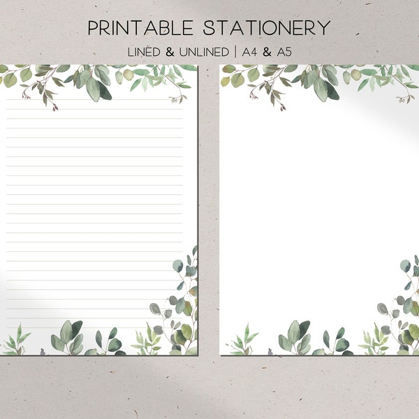 Leaves Stationery Printable, Digital Download, Botanical Eucalyptus Border Letter Writing Paper, A4 & A5, Lined Unlined Note, Memo Sheet