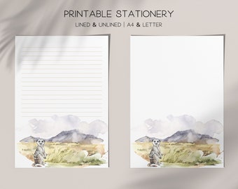 Watercolor Standing Meerkat Letter Writing Paper, Digital Download, Stationery Printable, Lined Unlined, A4, 8.5x11 Note, Cute Memo Paper