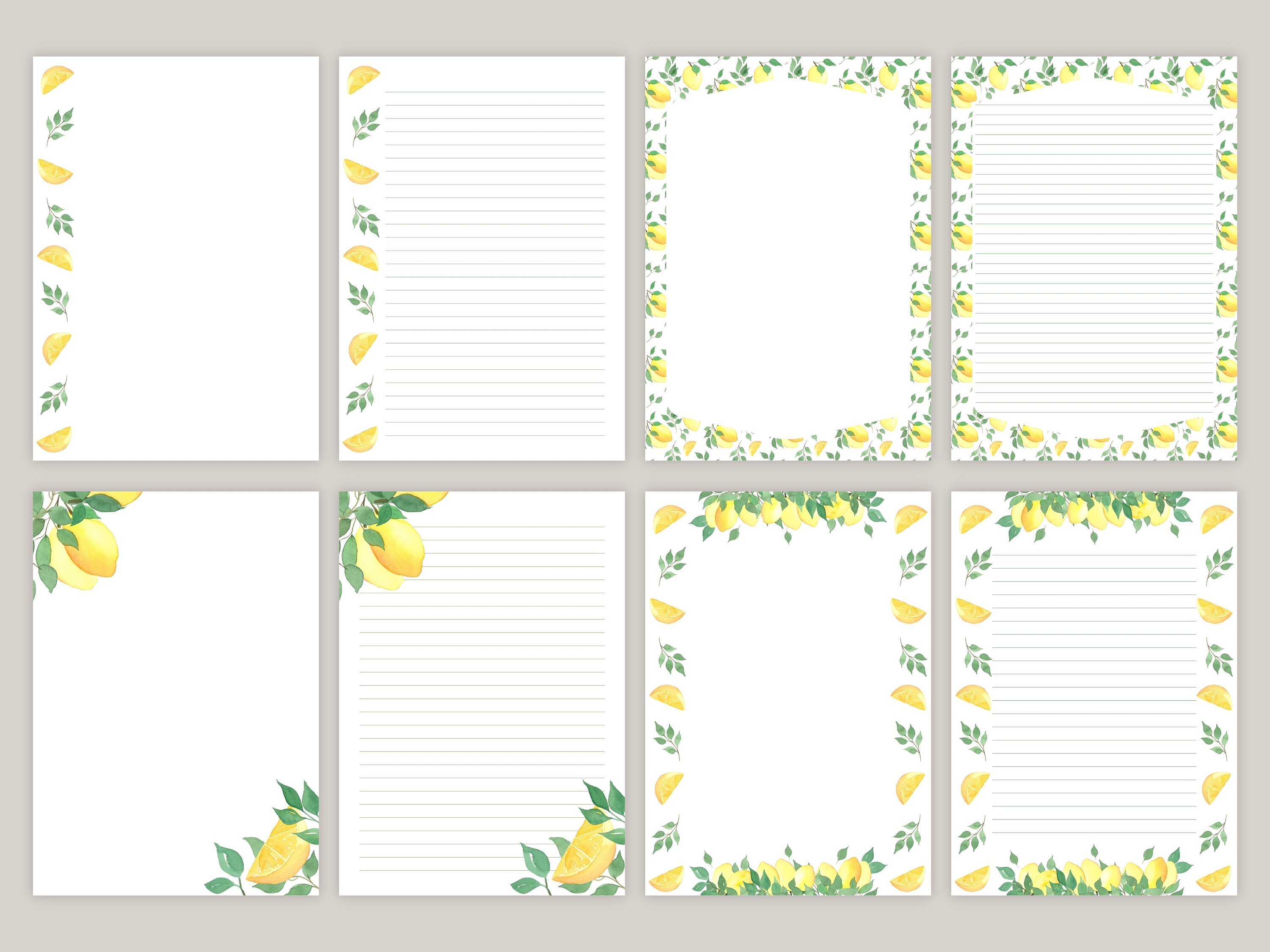 Botanical Lemon Printable Stationery Paper Set, Letter Writing Paper ...