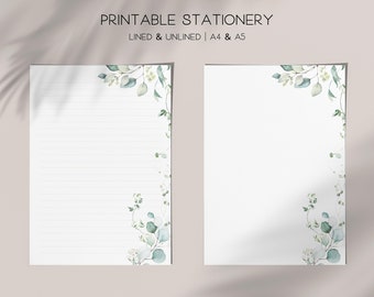 Beautiful Eucalyptus Letter Writing Paper, Digital Download, Botanical Printable Stationery, A4 & A5, Lined Unlined Notepad, Memo Sheet
