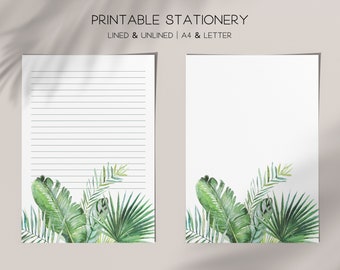 Tropical Jungle Leaves Letter Writing Paper, Digital Download, Botanical Border Stationery Printable, A4 Letter 8.5x11, Lined Unlined Note