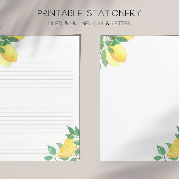 Lemon Letter Writing Paper, Digital Download, Stationery Printable, Lined Unlined, A4, 8.5x11 Note, Fruits Notepad, Watercolor Lemons