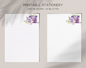 Printable Violet Purple Floral Books Lettre Papier à lettres, Téléchargement numérique, Papeterie imprimable, A4, 8,5 x 11, Notes non lignées lignées