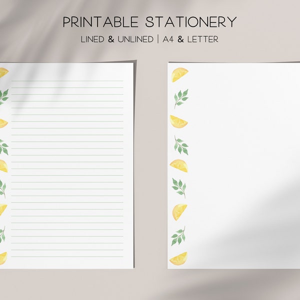 Botanical Lemon Slice Letter Writing Paper, Digital Download, Green Leaves Stationery Printable, A4, 8.5x11, Lined Unlined Note, Memo Sheet