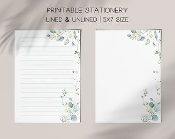 Printable Stationery 5x7 Writing Paper, Digital Download, Beautiful Eucalyptus Notepad, 5x7 Notes, Memo Sheet, Greenery, Botanical Paper