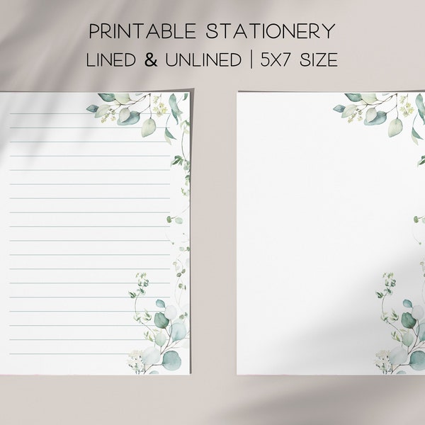 Printable Stationery 5x7 Writing Paper, Digital Download, Beautiful Eucalyptus Notepad, 5x7 Notes, Memo Sheet, Greenery, Botanical Paper