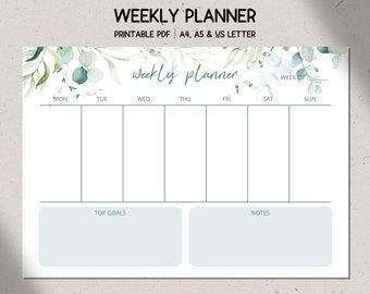 Botanical Landscape Weekly Planner Printable, Digital Download, Soft Green Eucalyptus Weekly Schedule, A4/A5/US Letter, Office Desk Planner