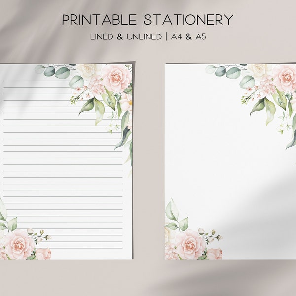 Blooming Flowers Letter Writing Paper, Digital Download, Floral Botanical Printable Stationery, A4 & A5, Lined Unlined Notepad, Memo Sheet