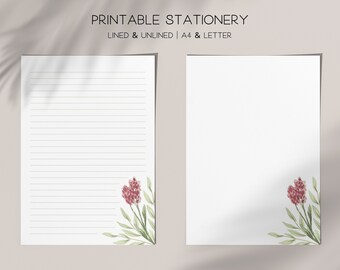 Red Floral Botanical Letter Writing Paper, Digital Download, Flowers Stationery Printable, A4, 8.5x11, Green Lined Unlined Note, Memo Sheet