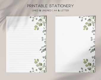 Leaves Stationery Printable, Digital Download, Botanical Eucalyptus Border Letter Writing Paper, A4, 8.5x11, Lined Unlined Note, Memo Sheet