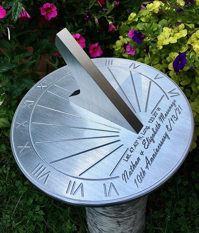 Custom Engraved Unique Sundial Circular, Precision Calibrated for your Location, Gift for: Anniversary, Retirement, Special B-day, Garden image 1