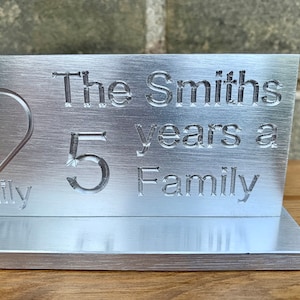 5 Years of Family Custom Engraved Aluminum Sculpture 5th Anniversary image 1