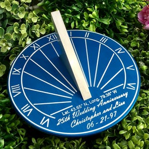 Custom 25th Wedding Anniversary Engraved Blue Sundial Gift for: Parents, Grandparents, Couples, For Him or Her, Silver Anniversary