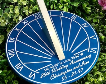 Custom 25th Wedding Anniversary Engraved Blue Sundial Gift for: Parents, Grandparents, Couples, For Him or Her, Silver Anniversary