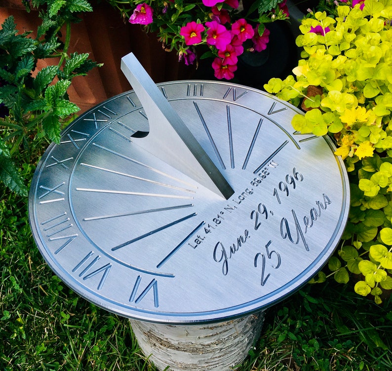 Custom 25th Wedding Anniversary Engraved Sundial Gift for: Parents, Grandparents, Couples, For Him or Her, Silver Anniversary image 1