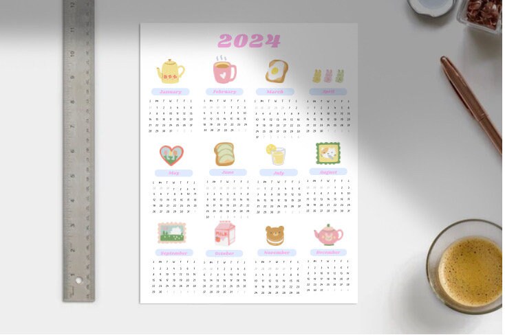 Cute Pink Wall Art Calendar, Coquette Pastry 2024 Calendar, Printable ...