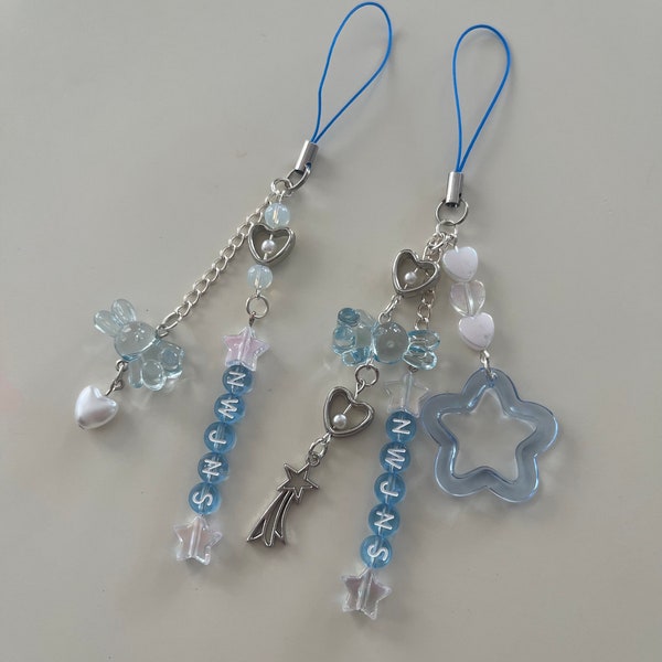 New Jeans Blue Bunny Beaded Phone Charm, Phone Accessory, Phone Chain, Beaded Keychain, k pop phone charm, NWJNS Dangle Phone Charm