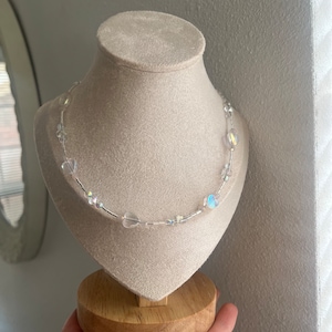 Silver Fairy Heart Choker Necklace, Pink and White Crystal Necklace, Coquette Silver Princess Beaded Necklace, Dainty Wedding Jewelry