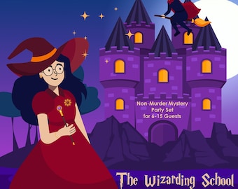 May include: A digital illustration featuring a person in a maroon dress and witch hat holding a wand, a purple castle, and a figure on a broomstick. Text reads: Non-Murder Mystery Party Set for 6-15 Guests and The Wizarding School Mystery.
