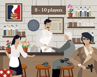 Może przedstawiać: Cyfrowa ilustracja zestawu do gry w kryminalną zagadkę zatytułowanego Delicious Death in a Wartime Café dla 8-10 graczy. Scena przedstawia wnętrze kawiarni z kelnerem, siedzącym klientem oraz osobą w prochowcu trzymającą pistolet.