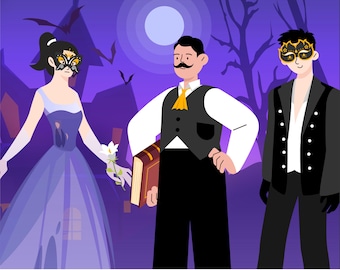 May include: A Murder Mystery Party Set for 6-30 Guests titled Curse of the Haunted Mansion featuring a digital illustration of three figures in masquerade masks and formal attire standing before a purple silhouette of a spooky house.