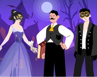 May include: A Murder Mystery Party Set for 6-10 Guests titled Curse of the Haunted Mansion. The graphic features three figures in formal attire and masks against a purple backdrop with a full moon, bats, and a silhouette of a spooky house.